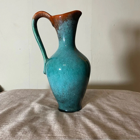 Strehla Import Vintage Small Teal and Brown Glazed Pitcher Vase - Picture 2 of 7